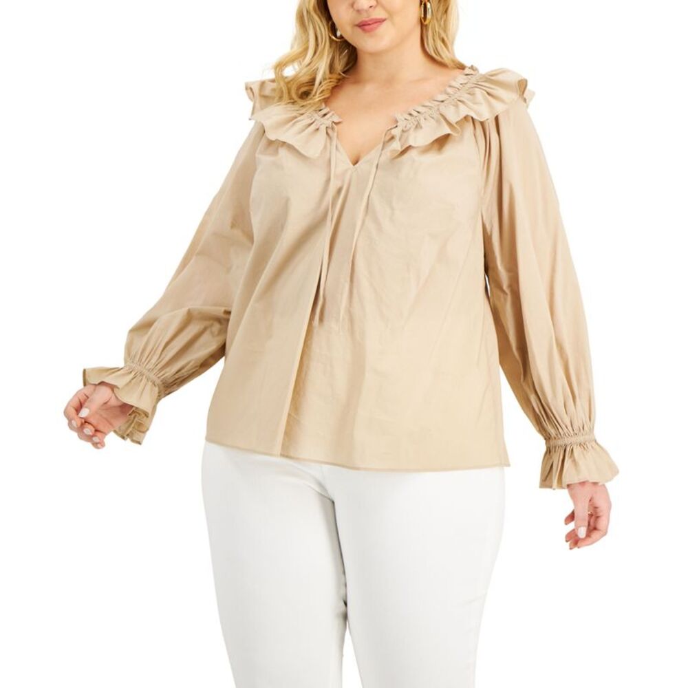 INC International Concepts Plus Size Solid Tie Neck Ruffled Blouse